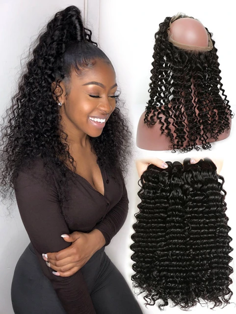 2 or 3 Bundles with 360 Lace Frontal Italian Curly Human Virgin Hair Extension Natural Color