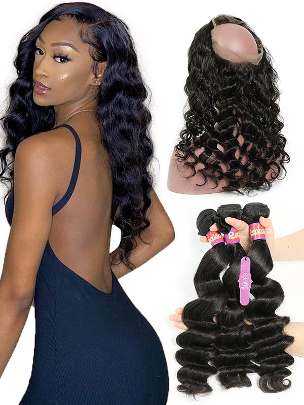 2 or 3 Bundles with 360 Lace Frontal Loose Wave Human Virgin Hair Extension Natural Color