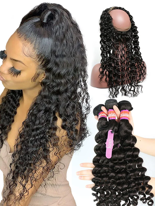2 or 3 Bundles with 360 Lace Frontal Deep Wave Human Virgin Hair Extension Natural Color