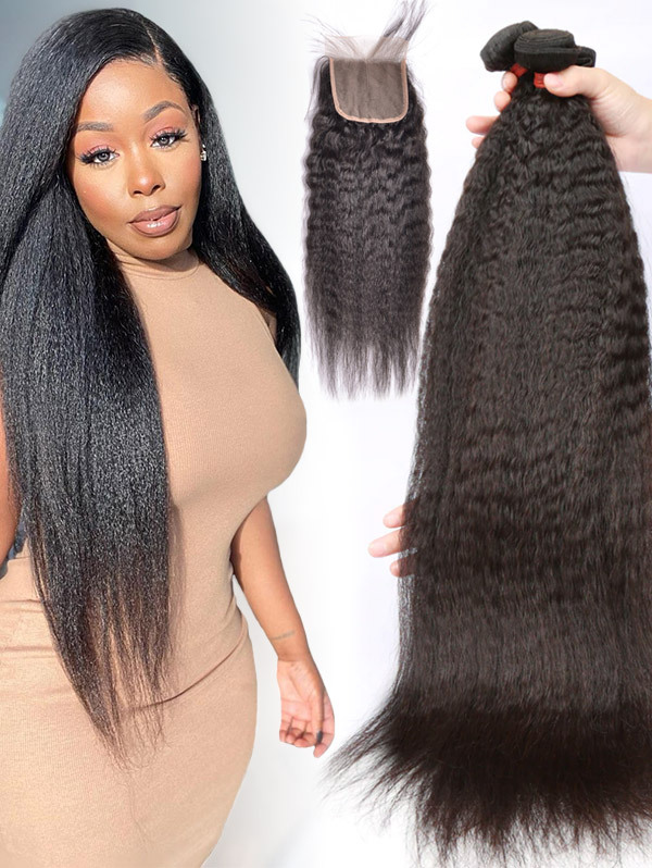 4 Bundles with Lace Closure Kinky Straight Human Virgin Hair 