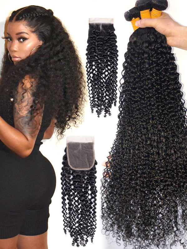 4 Bundles with Lace Closure Kinky Curly Human Virgin Hair 