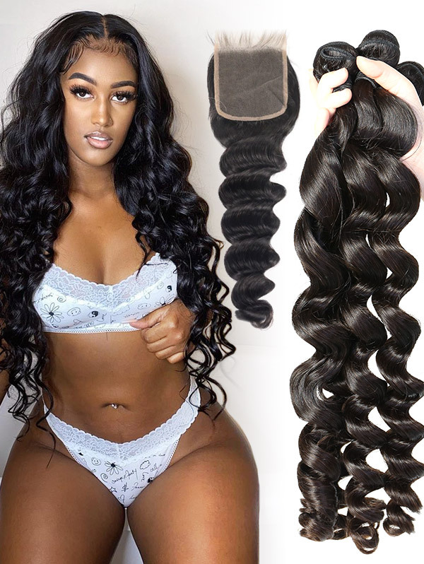 4 Bundles with Lace Closure Loose Wave Human Virgin Hair 