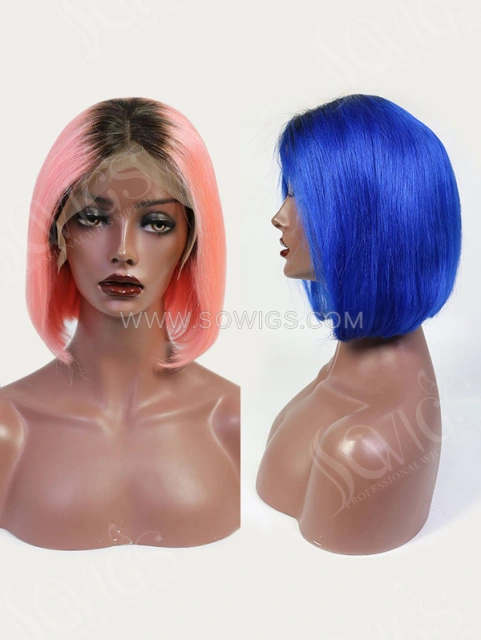 150% Density Lace Front Wig Ombre Color Bob Straight Human Hair Lace Frontal Bob Wig