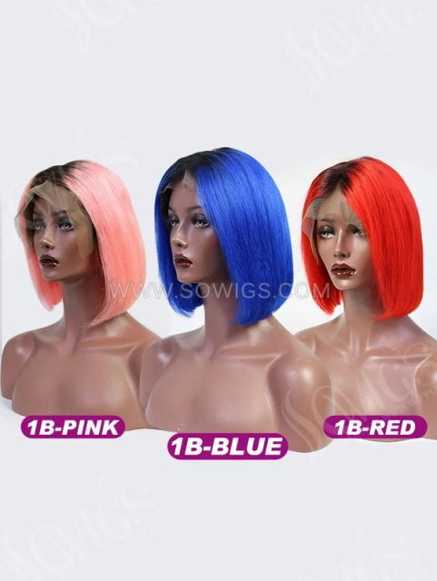 150% Density Lace Front Wig Ombre Color Bob Straight Human Hair Lace Frontal Bob Wig