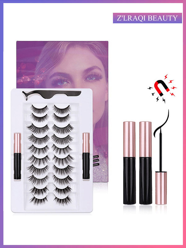 10 Pairs One Pack 3D False Magnetic Eyelashes With Eyeliners&Tweezer