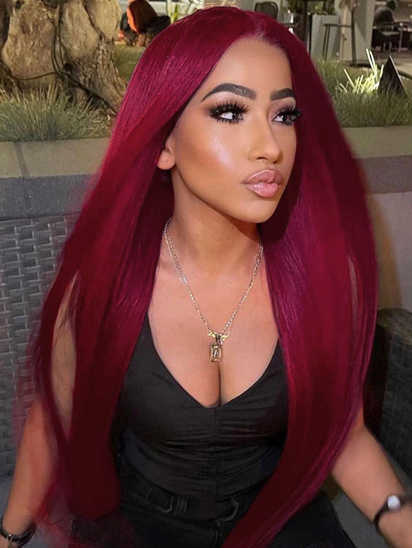 #99J Wine Color Straight 13*4 Lace Front Wigs 130% Density Lace Wigs Virgin Human Hair Natural Hairline