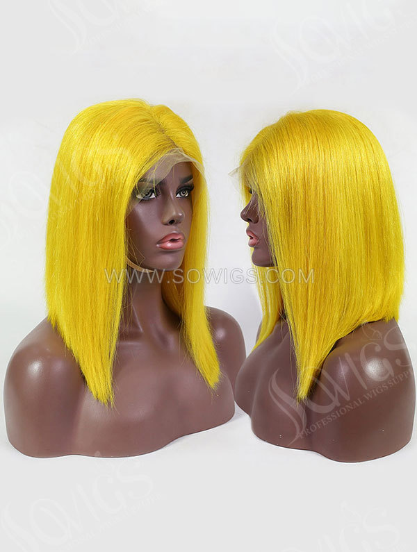 Yellow Color Human Hair Lace Front Bob Wig With 7 Days To Customize