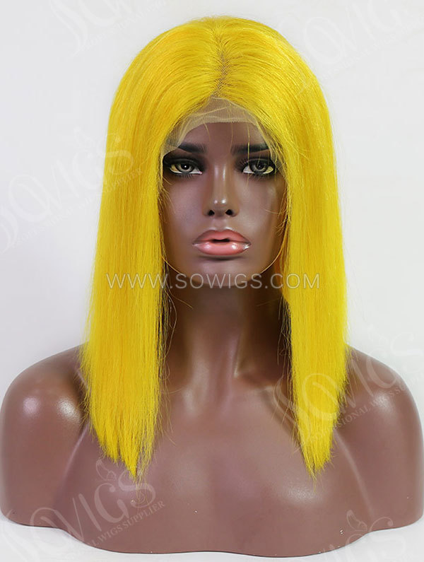 Yellow Color Human Hair Lace Front Bob Wig With 7 Days To Customize