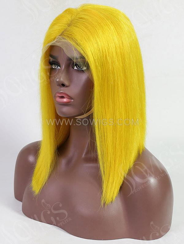 Yellow Color Human Hair Lace Front Bob Wig With 7 Days To Customize