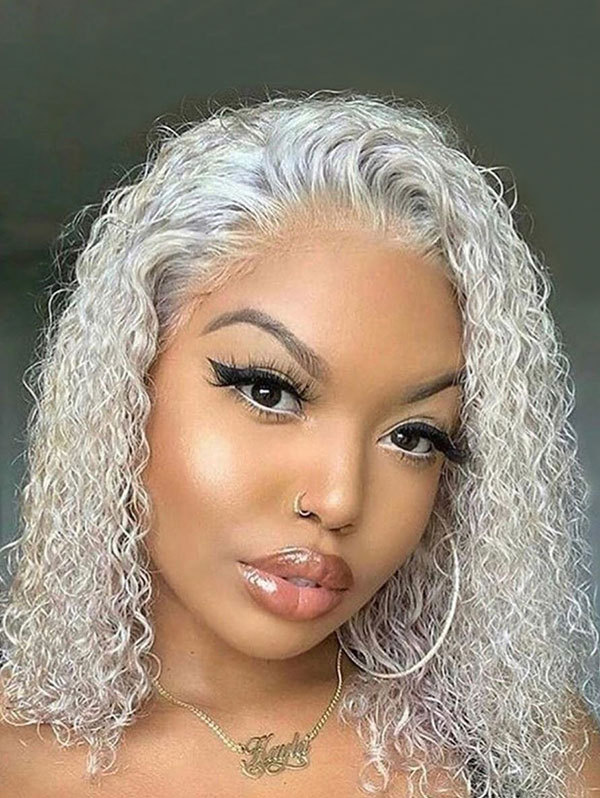 150% Density Grey and Blonde Color Curly Human Hair Lace Front Bob Wig