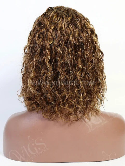 130% Density Color 4/27 Curly Machine Made Human Hair Wig with Bang