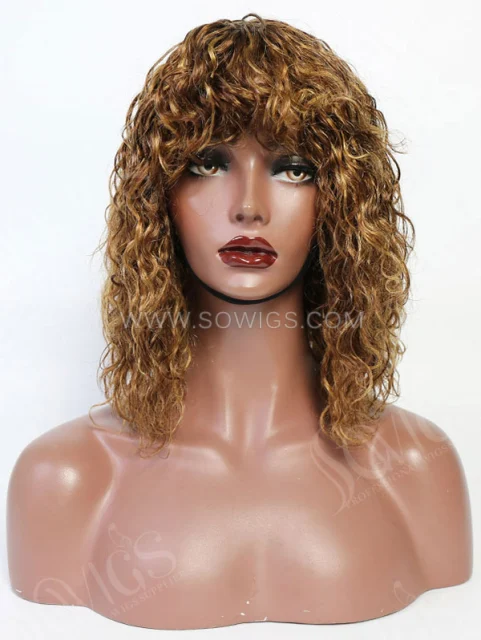 130% Density Color 4/27 Curly Machine Made Human Hair Wig with Bang