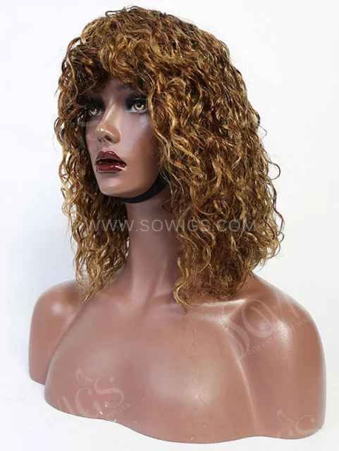 130% Density Color 4/27 Curly Machine Made Human Hair Wig with Bang
