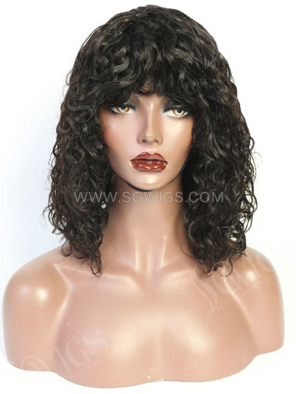 130% Density Natural Color Curly Machine Made Human Hair Wig with Bang