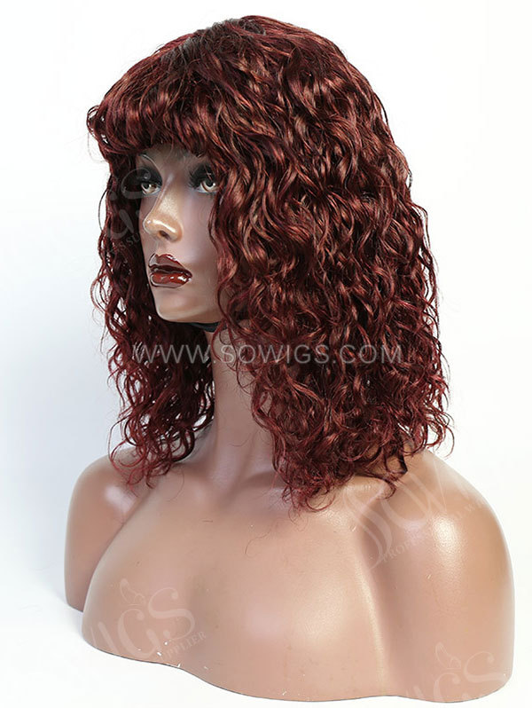 130% Density Color 99J Curly Machine Made Human Hair Wig with Bang