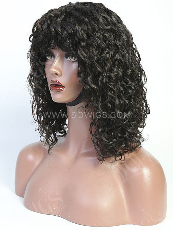 130% Density Natural Color Curly Machine Made Human Hair Wig with Bang