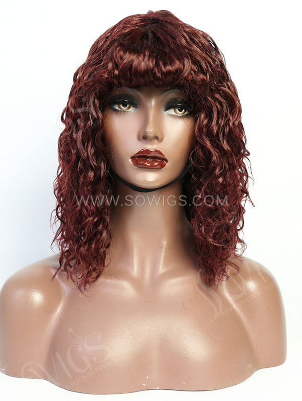 130% Density Color 99J Curly Machine Made Human Hair Wig with Bang