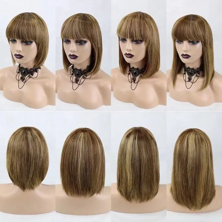 130% Density Mixed Color #4/27 Machine Made Straight Bob Wig with Bang Human Hair Wig