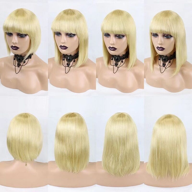 130% Density Machine Made Blonde 613 Straight Bob Human Hair Wig with Bang