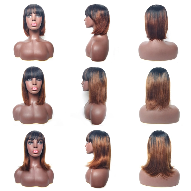 130% Density Straight Machine Made 1B/30 Bob Human Hair Wig with Bang