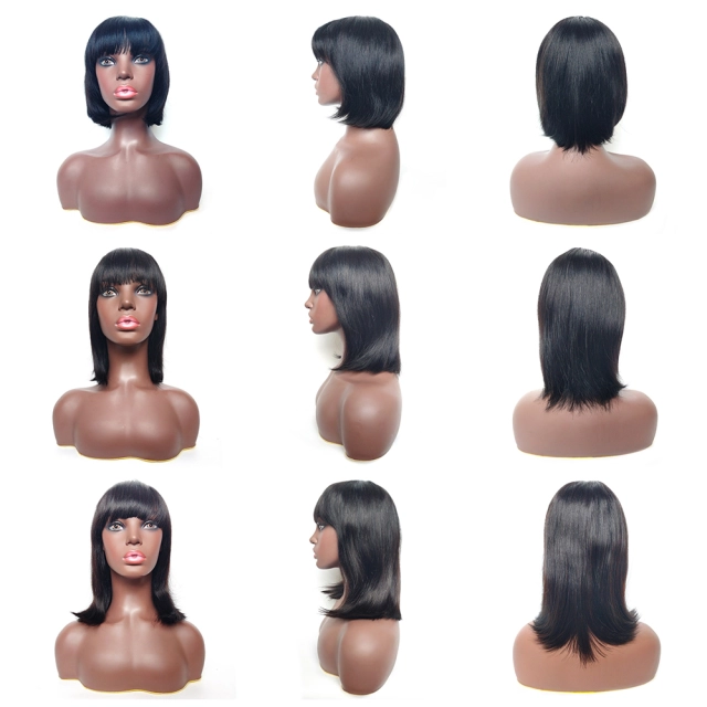 130% Density Machine Made Straight Natural Color Bob Wig with Bang