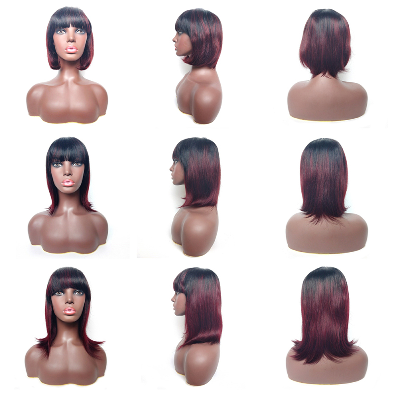 130% Density Straight Machine Made 1B/99J Human Hair Bob Wig with Bang