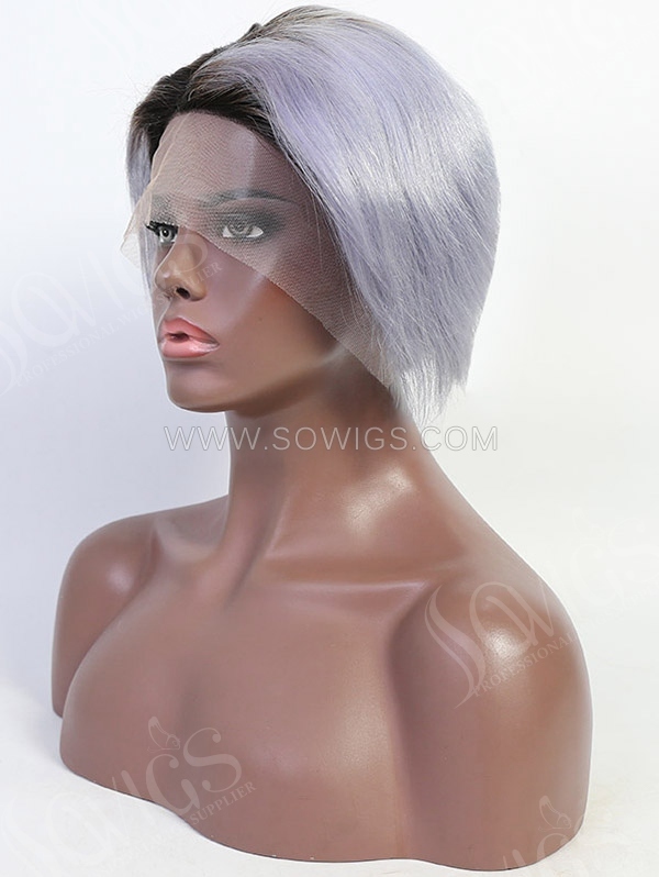 130% Density Ombre Color 1B/Grey 13x1 Lace Front Bob Wig Side Part Straight Human Hair Short Bob Wig
