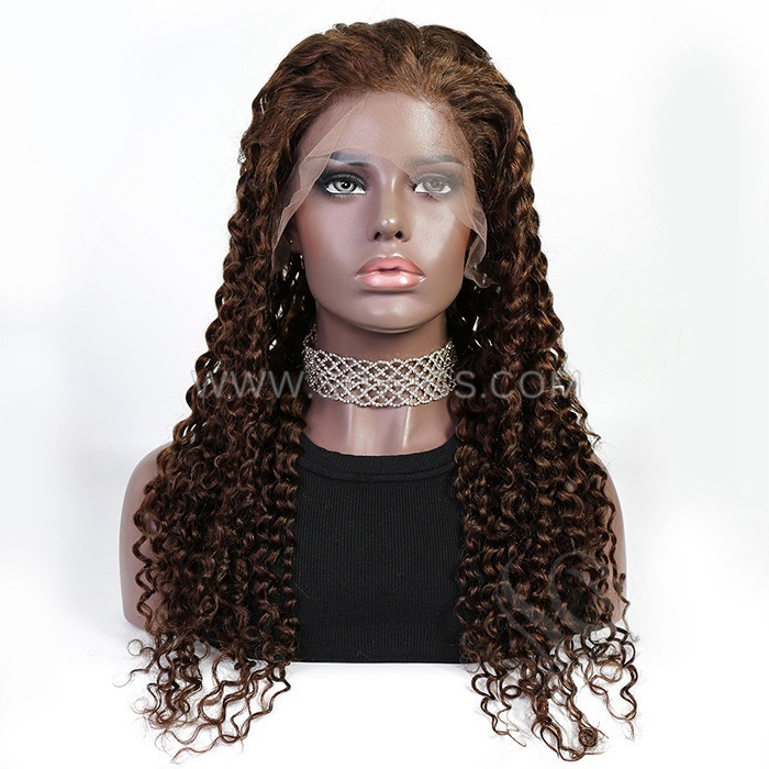 Chocolate Brown 13*4 Lace Front Wigs Deep Curly 130% Density Virgin Human Hair Natural Hairline