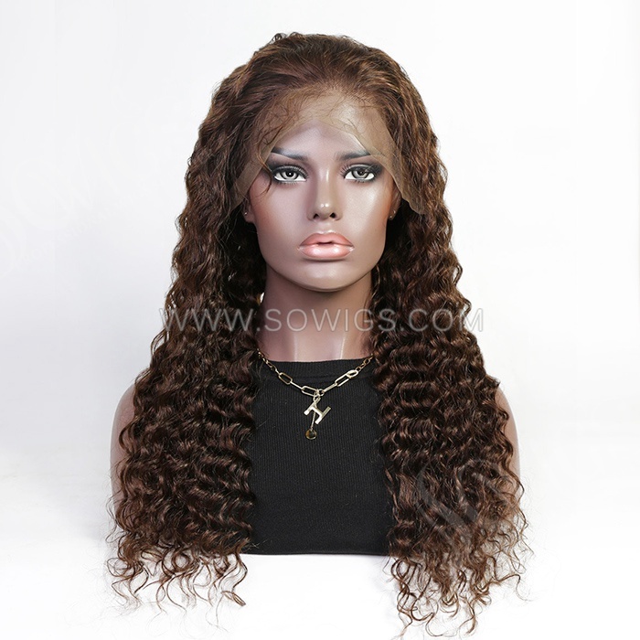 #4 Color Deep Wave 13*4 Lace Front Wigs 130% Density Lace Wigs Virgin Human Hair Natural Hairline