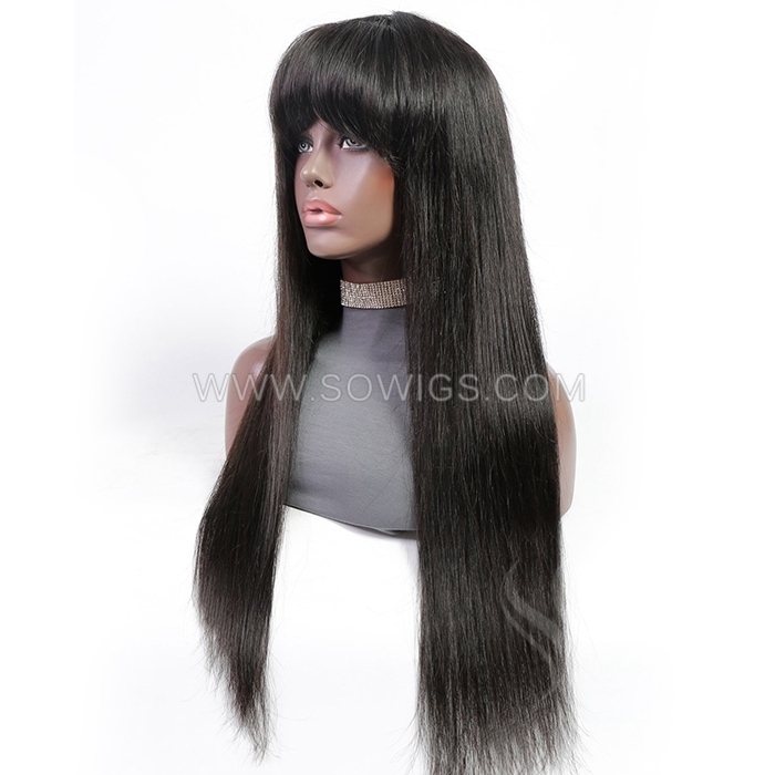 Bang Full Machine Made Wigs 130% 300% Density Virgin Human Hair Natural Color