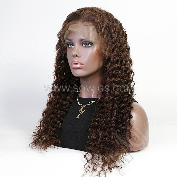 #4 Color Deep Wave 13*4 Lace Front Wigs 130% Density Lace Wigs Virgin Human Hair Natural Hairline