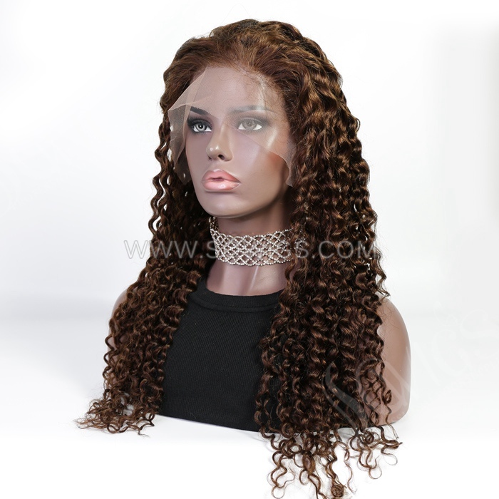 #4 Color Deep Curly 13*4 Lace Front Wigs 130% Density Lace Wigs Virgin Human Hair Natural Hairline