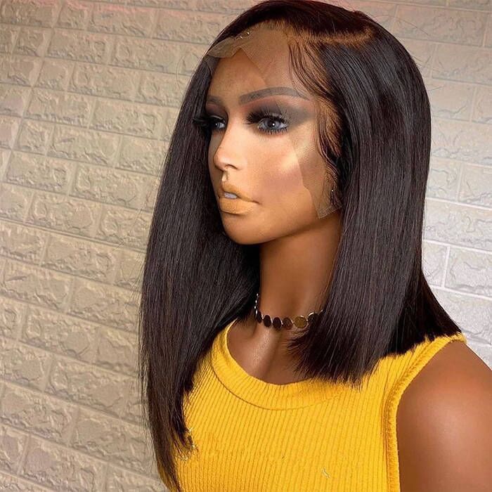 Straight Hair Bob Wigs 13*4 Lace Front Wigs 300% Density Virgin Human Hair Natural Color Natural Hairline