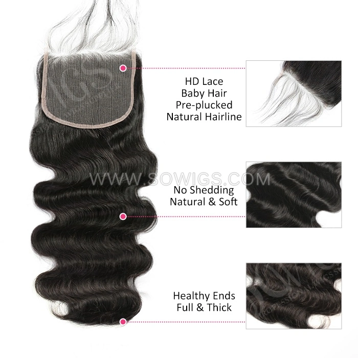 HD Lace Swiss 5*5 Lace Closure Pre plucked Lightly Bleached 100% Unprocessed Human Hair