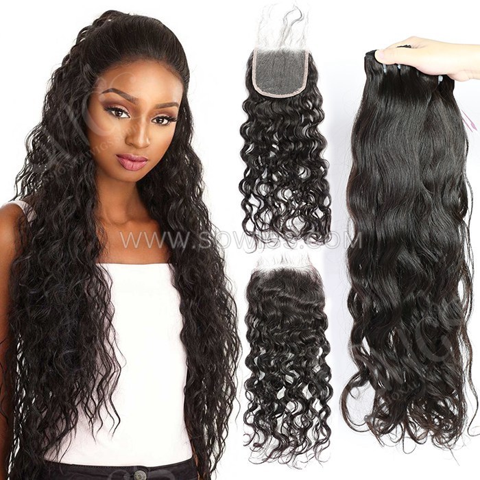 3 Bundles with 4*4 Lace Closure Natural Wave 100% Unprocessed Virgin Human Hair Extensions Double Weft Sowigs Hair Natural Color