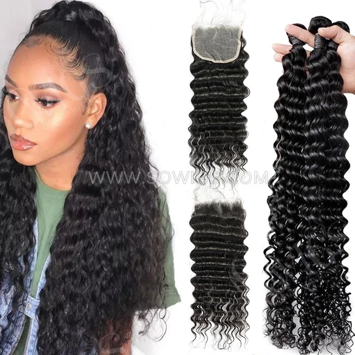 3 Bundles with 4*4 Lace Closure Deep Wave 100% Unprocessed Virgin Human Hair Extensions Double Weft Sowigs Hair Natural Color