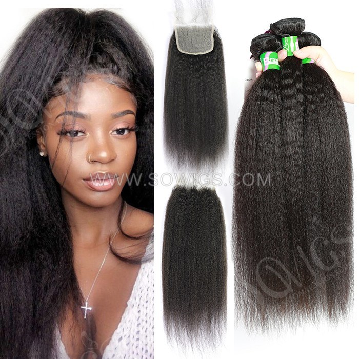 3 Bundles with 4*4 Lace Closure Kinky Straight 100% Unprocessed Virgin Human Hair Extensions Double Weft Sowigs Hair Natural Color