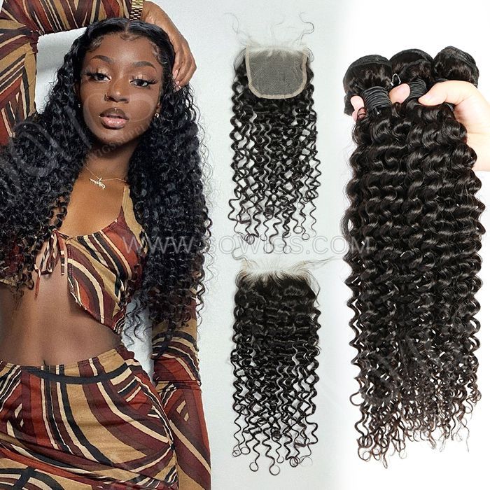 3 Bundles with 4*4 Lace Closure Deep Curly 100% Unprocessed Virgin Human Hair Extensions Double Weft Sowigs Hair Natural Color