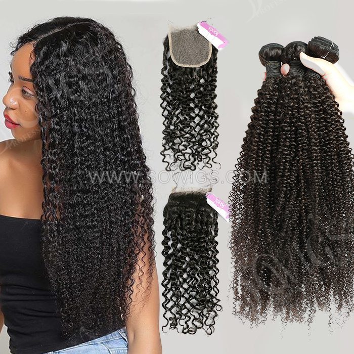 3 Bundles with 4*4 Lace Closure Kinky Curly 100% Unprocessed Virgin Human Hair Extensions Double Weft Sowigs Hair Natural Color