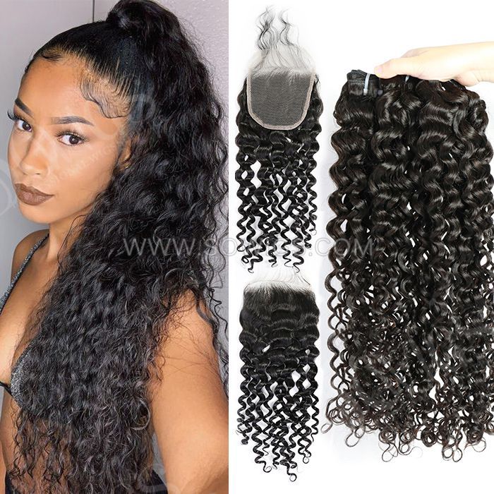 3 Bundles with 4*4 Lace Closure Italian Curly 100% Unprocessed Virgin Human Hair Extensions Double Weft Sowigs Hair Natural Color