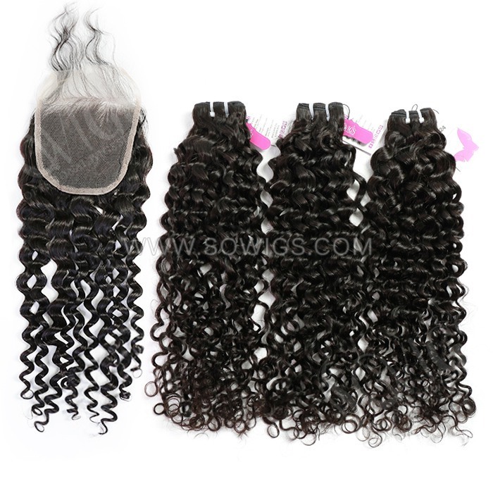 3 Bundles with 4*4 Lace Closure Italian Curly 100% Unprocessed Virgin Human Hair Extensions Double Weft Sowigs Hair Natural Color
