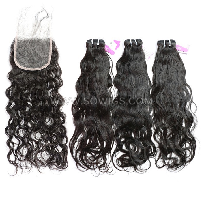 3 Bundles with 4*4 Lace Closure Natural Wave 100% Unprocessed Virgin Human Hair Extensions Double Weft Sowigs Hair Natural Color