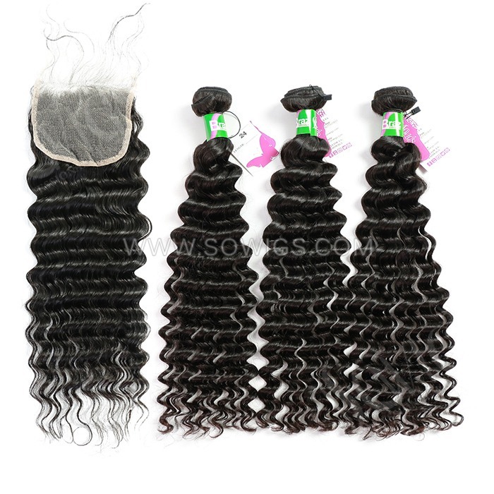 3 Bundles with 4*4 Lace Closure Deep Wave 100% Unprocessed Virgin Human Hair Extensions Double Weft Sowigs Hair Natural Color