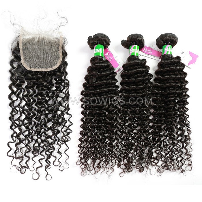 3 Bundles with 4*4 Lace Closure Deep Curly 100% Unprocessed Virgin Human Hair Extensions Double Weft Sowigs Hair Natural Color