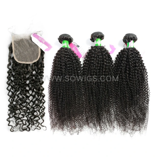 3 Bundles with 4*4 Lace Closure Kinky Curly 100% Unprocessed Virgin Human Hair Extensions Double Weft Sowigs Hair Natural Color