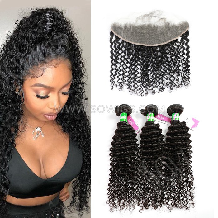 3 Bundles with 13*4 Lace Frontal Deep Curly 100% Unprocessed Virgin Human Hair Extensions Double Weft Sowigs Hair Natural Color
