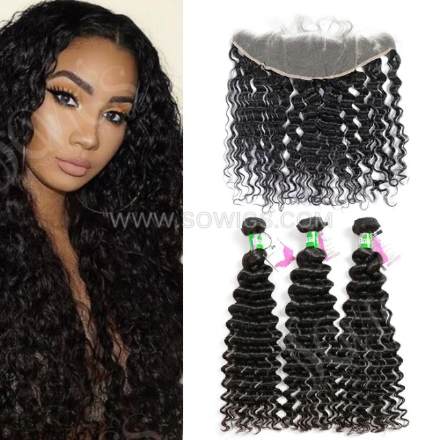 3 Bundles with 13*4 Lace Frontal Deep Wave 100% Unprocessed Virgin Human Hair Extensions Double Weft Sowigs Hair Natural Color