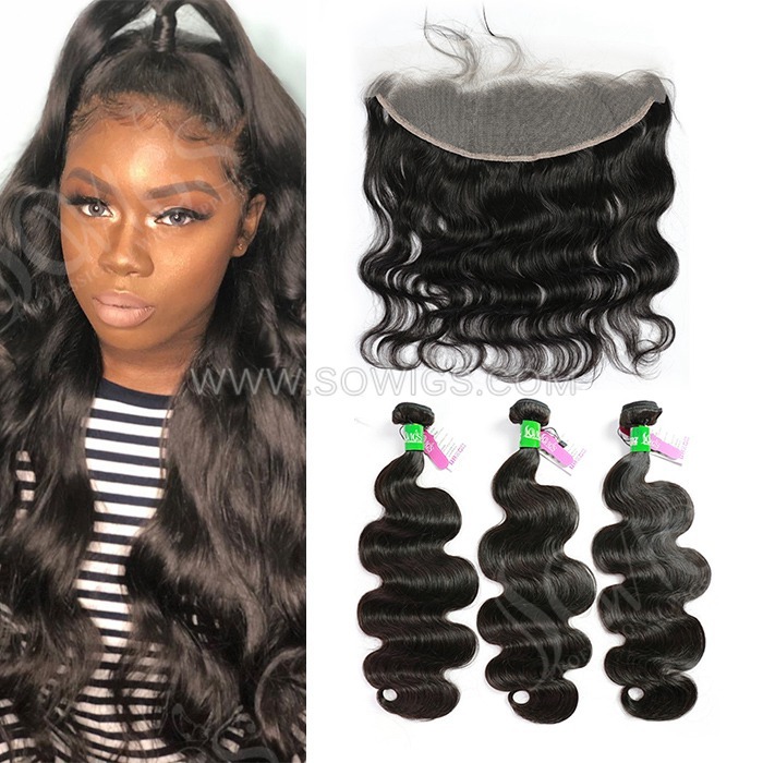 3 Bundles with 13*4 Lace Frontal Body Wave 100% Unprocessed Virgin Human Hair Extensions Double Weft Sowigs Hair Natural Color