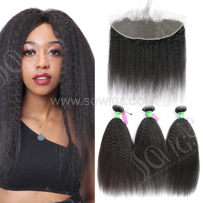 3 Bundles with 13*4 Lace Frontal Kinky Straight 100% Unprocessed Virgin Human Hair Extensions Double Weft Sowigs Hair Natural Color