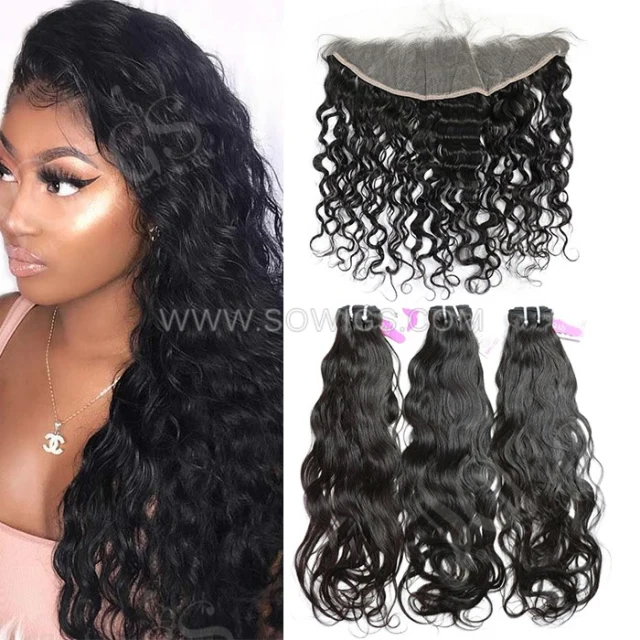 3 Bundles with 13*4 Lace Frontal Natural Wave 100% Unprocessed Virgin Human Hair Extensions Double Weft Sowigs Hair Natural Color